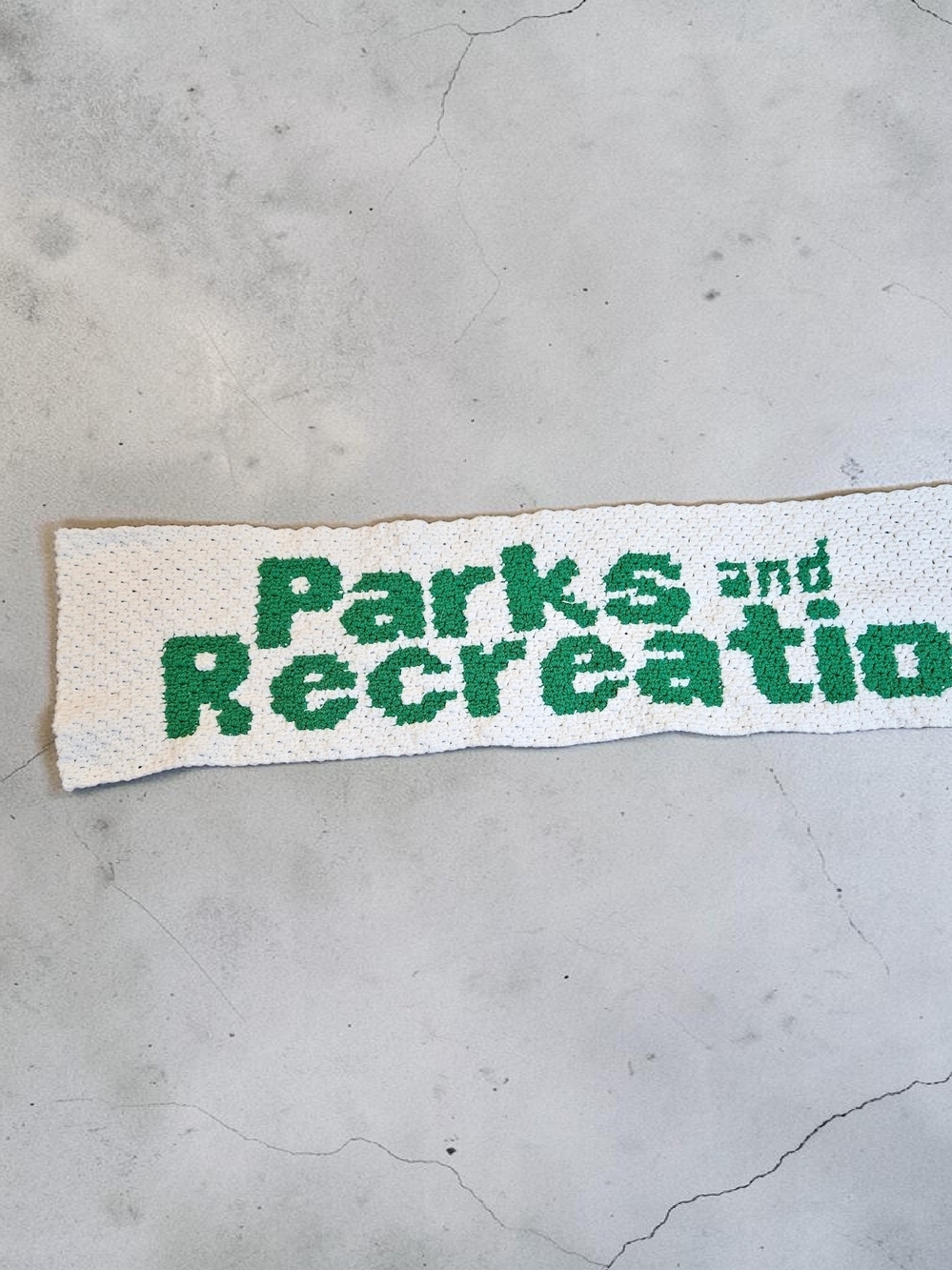 Parks and Recreation Green on White Crocheted Wall Banner